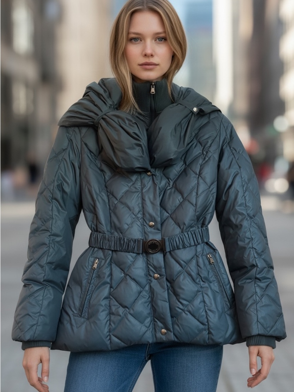 Cold Weather EssentialGuess Quilted Deep Teal Belted Puffer Jacket Down Feather
